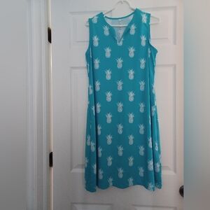 Lulu-B Teal Pineapple Womens Size L 50 UPF Print Dress